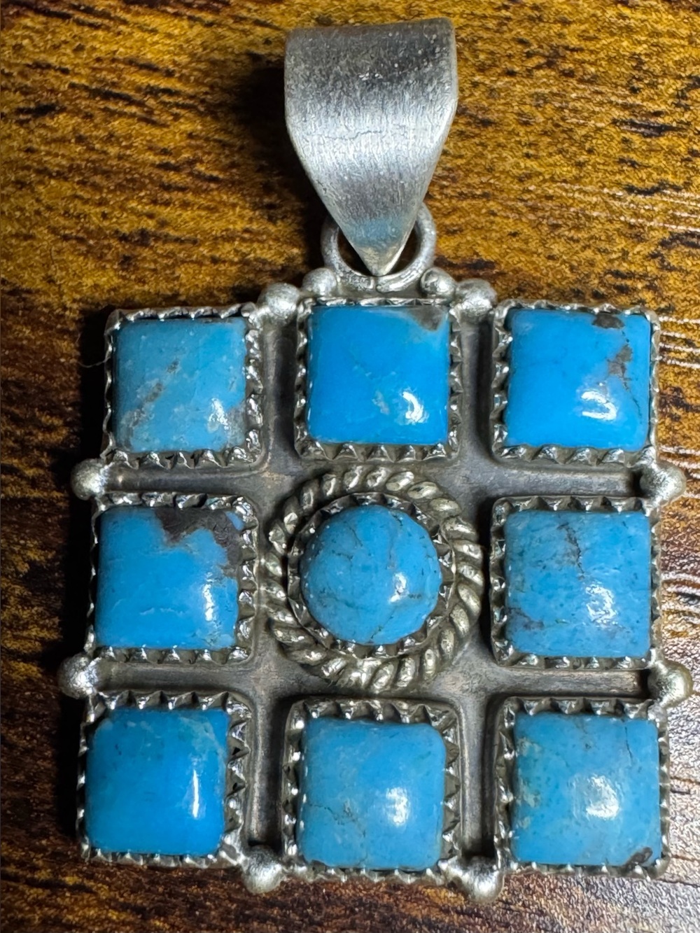Kingman Turquoise Square Cluster Pendant - Sterling-Silver P487
